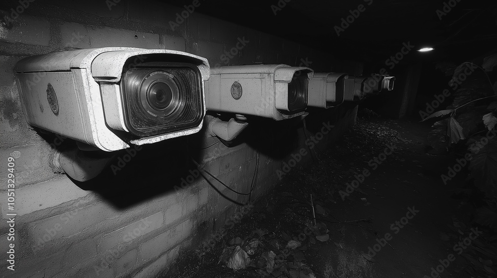 Poster a row of security cameras are mounted on a wall. the image has a dark and moody atmosphere, with the