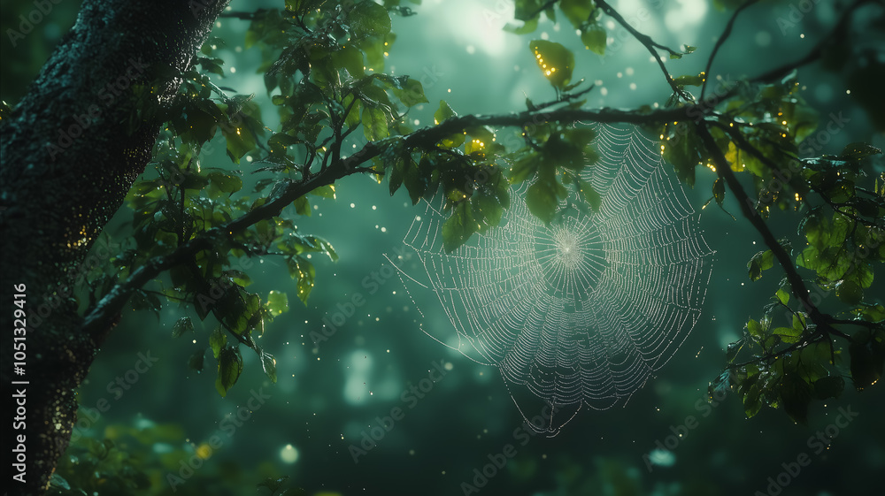 Poster a spider web is hanging from a tree branch. the web is covered in dew and the leaves are wet. the sp