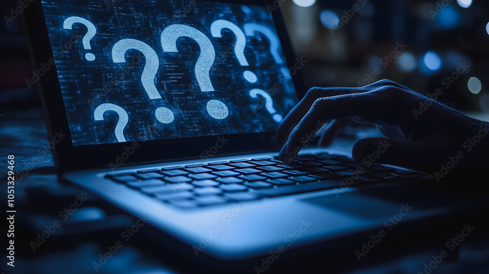Poster a laptop screen with a hand typing on it with a question mark on the screen. concept of curiosity an
