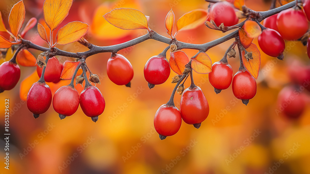 Poster a branch with red berries on it. the berries are ripe and ready to be picked. the branch is surround