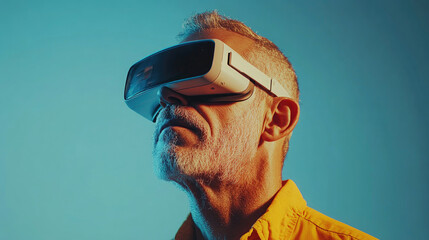 A man wearing VR glasses with a clean background
