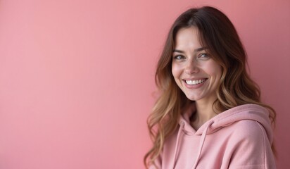 Fototapeta premium Cheerful woman with radiant smile wearing pink hoodie against pink background with copy space