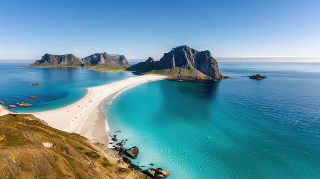Breathtaking aerial view of Lofotens deep fjords showcasing turquoise waters, sandy beaches, and dramatic mountain landscapes. serene and picturesque coastal paradise