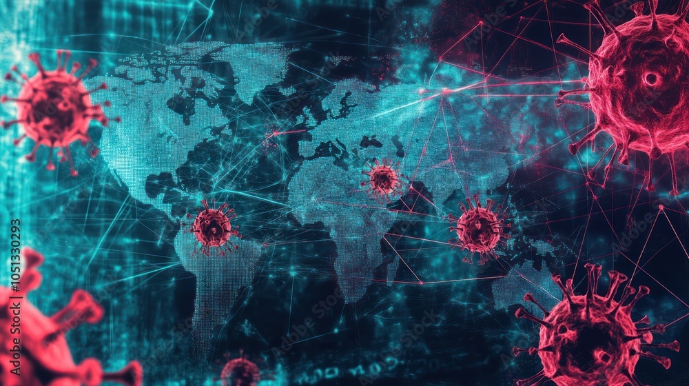 Poster a digital illustration of a world map with red virus particles superimposed on the map. the virus pa