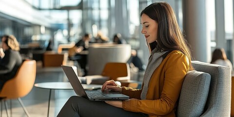 Obraz premium Woman Working on Laptop in Modern Office.
