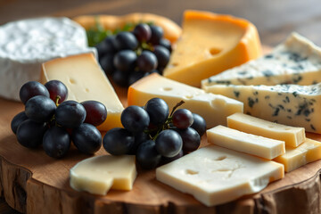Different types of cheese with black grapes.