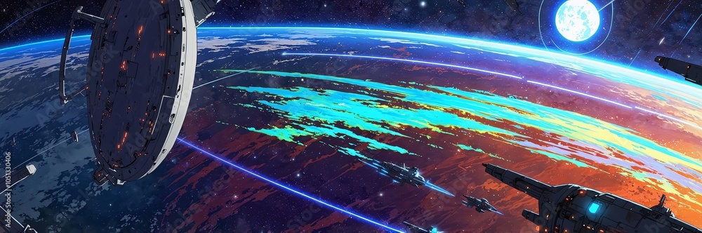 Poster panoramic view of an anime space colony floating near a distant planet with stars in the background