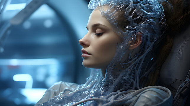 Futuristic alien encounter a woman in a sci-fi environment with biomechanical elements and otherworldly vibes