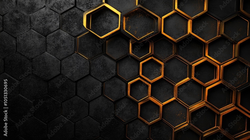 Poster abstract background with gold hexagons on a black hexagonal textured wall.