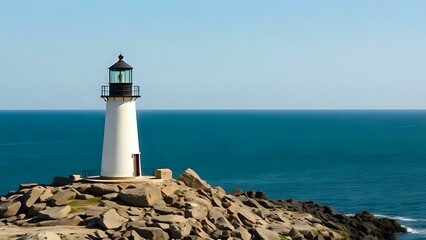 Lighthouse on Rocky Shore with Open Ocean