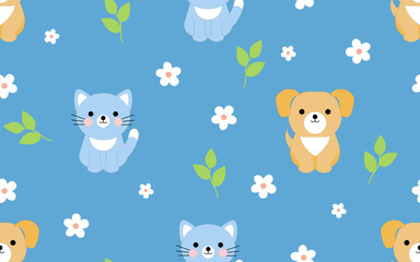 Cute kitty and puppy with flowers on a blue background. Seamless pattern in flat style. Childish background with cat and dog for textile, paper, cover, dishes, interior decor. © IrinaUljankina
