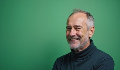 Fototapeta premium Mature man with cheerful expression smiling against green background with copy space
