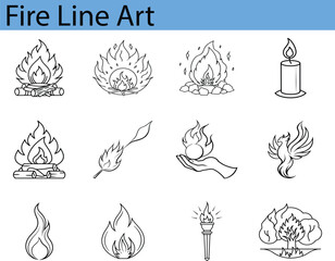 Line Art Fire Icons Set Design Elements