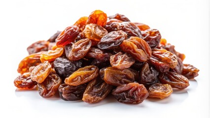 Obraz premium Sweet and juicy raisins isolated on white background, raisins, dried fruit, healthy snack, food photography, organic, natural
