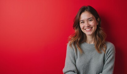 Fototapeta premium Young woman with cheerful smile posing against vibrant red background with copy space