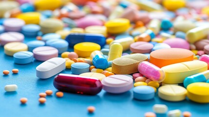 A colorful pills and capsules scattered on a light blue surface. Pharmaceutical industry, rising prices of drugs, drug production, shortage of drugs in pharmacies. Vitamins and antibiotics	