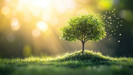 A green tree growing on the grassland, with sunlight shining through the leaves and flying particles in front of it