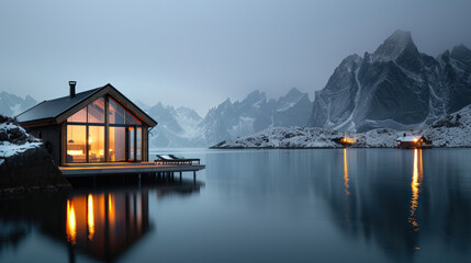 Fototapeta premium serene winter scene featuring modern cabin by tranquil lake, surrounded by snow capped mountains. warm glow from cabin contrasts beautifully with cool tones of landscape, creating peaceful