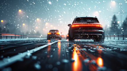 Driving in snowy conditions can be challenging, as seen in this of cars on slick highway. scene captures beauty and danger of winter driving