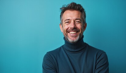 Obraz premium Middle-aged man with cheerful smile wearing turtleneck against turquoise background with copy space