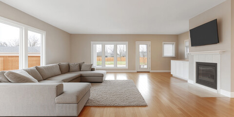 Fototapeta premium Spacious living room with modern decor and large windows in a contemporary home