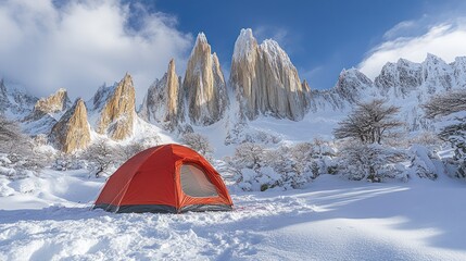 A lone red tent pitched in a snowy valley, surrounded by majestic snow-capped peaks.