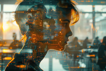 Double Exposure of a Young Woman with Futuristic Circuit Overlay in a Bright, Dynamic Office Setting