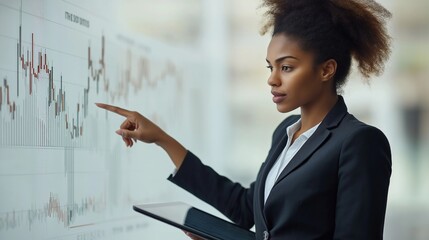African American woman analyzing the company's financial performance on a rafik on big screen. Financial analyst in a company, working with performance indicators