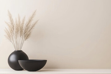 Minimalist decor featuring vases and dried grass on a light background in a contemporary setting