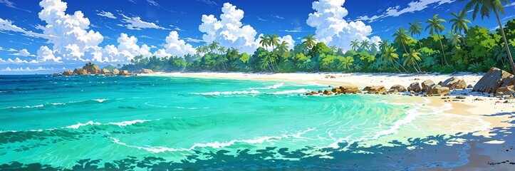 Panoramic view of an anime island with white sandy beaches palm trees and turquoise waters