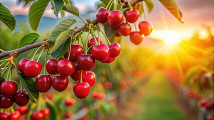 Red ripe cherries on a branch in an orchard at dawn , cherry, fruit, ripe, branch, orchard, harvest, Prunus avium, spring, dawn