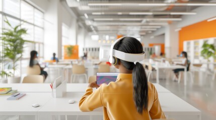 Futuristic High-Tech Education Facility: VR Classrooms, AI Tutors, Immersive Learning Environments in Modern School Setting