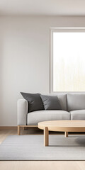 Fototapeta premium Modern living room with a light gray sofa and round wooden coffee table in a bright space