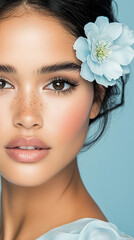 Fototapeta premium Beautiful young hispanic latina woman with flowers and petals on her face. Beauty parlor vertical banner concept, copyspace Light blue background. Instagram story, reel or tiktok