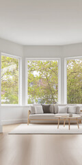 Fototapeta premium Bright and airy living room with large windows overlooking lush greenery in a modern home