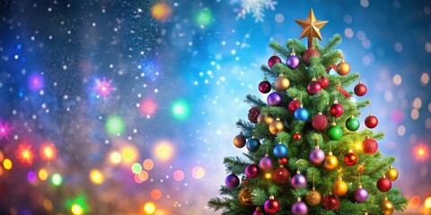 Fototapeta premium Christmas tree with colorful decorations and twinkling lights, festive, holiday, ornament, tinsel, baubles