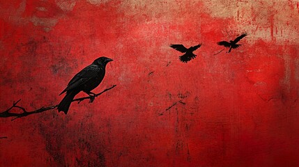 Fototapeta premium Black Crow Silhouette on Red Background - Grunge Art Print