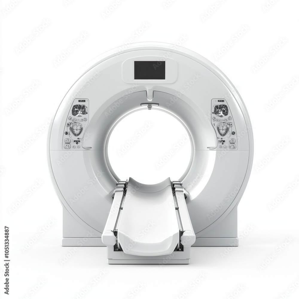 Poster a modern ct scanner with a circular design, featuring control panels and a sliding table for patient