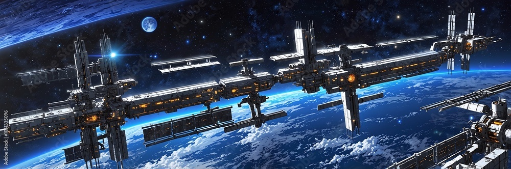 Poster panoramic view of an anime space station orbiting a distant planet with stars and galaxies in the ba