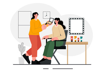 Beauty and Makeup School Vector Illustration featuring Various Cosmetic Products and Beautiful Girls Learning to Apply Make up in a Background