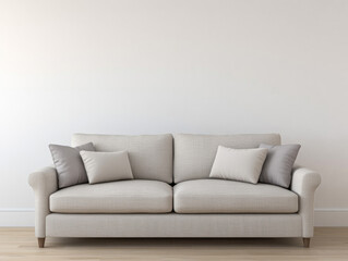 Fototapeta premium Cozy living room with a light beige sofa and decorative pillows in a minimalist space