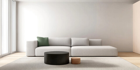Modern living room featuring a minimalist sofa, clean lines, and neutral colors in bright light