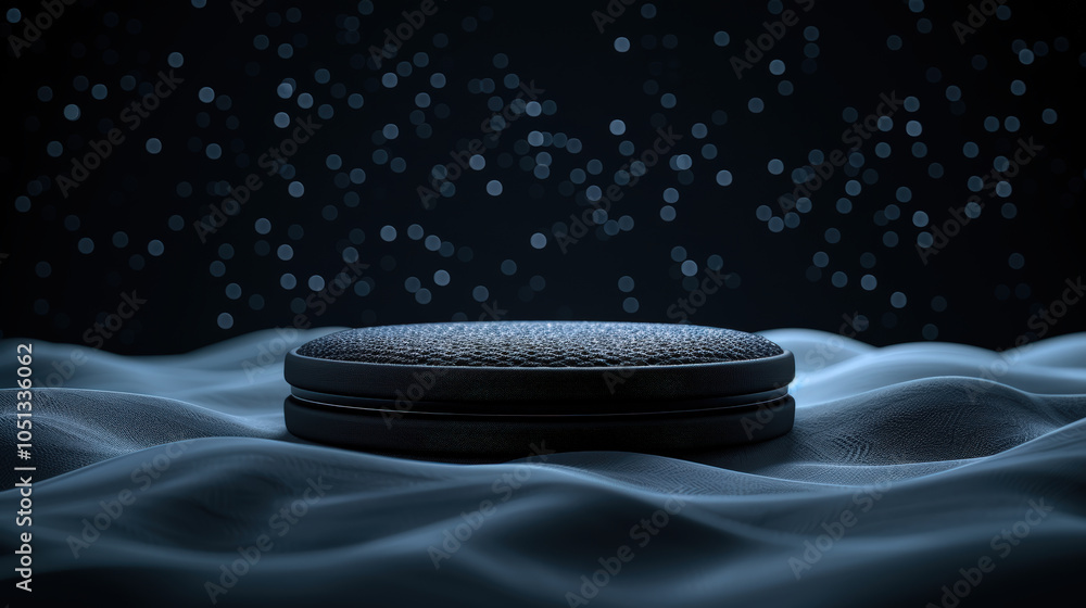 Poster sleek, textured object rests on smooth surface, surrounded by soft, flowing backdrop. scene is illum