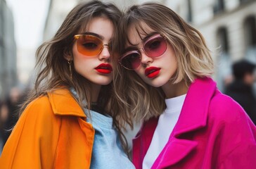Two young women posing for the camera in trendy streetwear. One is wearing an orange jacket and sunglasses with her hair down, while the other is dressed in a red hooded coat with brown shades