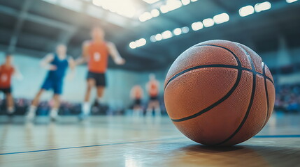 Naklejka premium A basketball on a court with the spotlight, Generative AI