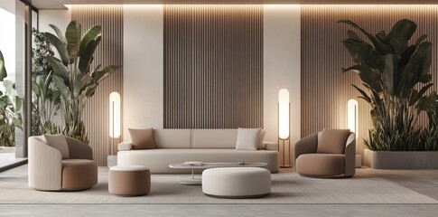 Minimalist Living Room Interior Design with White and Beige Furniture.