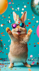 Party animal! Colorful photo of funny, happy rabbit bunny on blue  background. Ballons, confetti,...