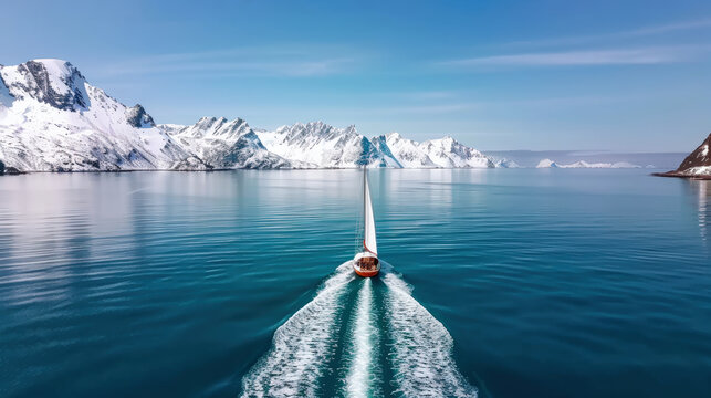 serene sailing experience in Lofoten archipelago, showcasing stunning snow capped mountains and calm blue waters. tranquil scene evokes sense of adventure and peace