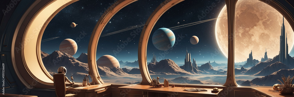 Aufkleber spaceship window view showing stars and planets across a vast expanse