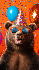 Party animal! Colorful photo of funny, happy grizzly  bear on orange background. Ballons, confetti,...